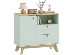 Buffet de salon, meuble de rangement avec porte, 2 tiroirs, compartiment ouvert et étagère réglable, vert clair et chêne