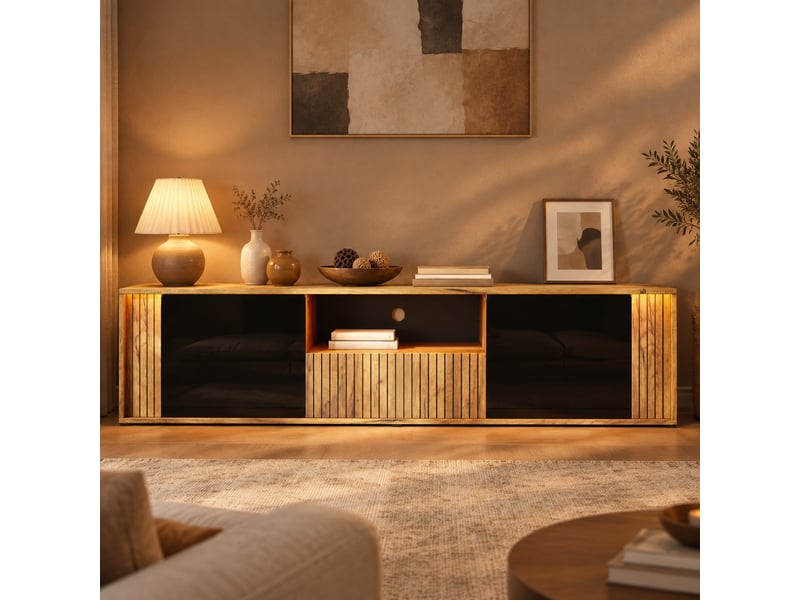  Meuble tv bas 180 x 40 x 51 cm avec led, 2 portes et tiroir, noir et bois  - Conforama B