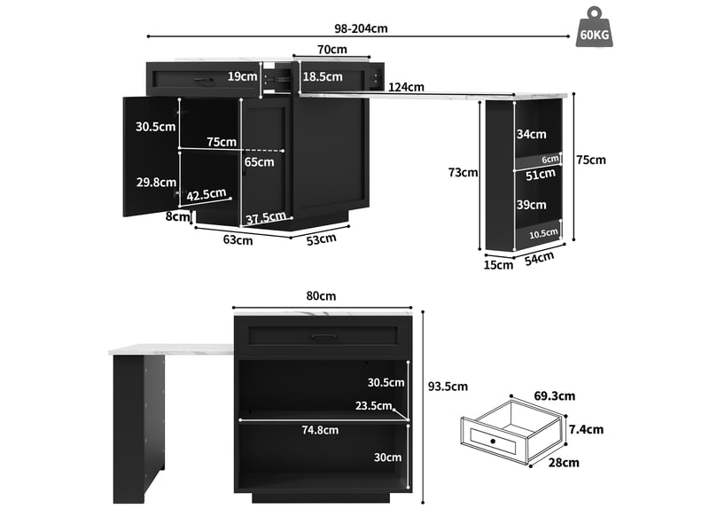  Îlot de cuisine extensible 98-204 cm avec rangement, tiroir et roulettes noir  - Conforama C