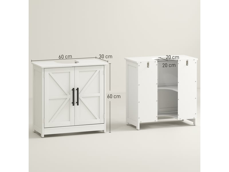  Meuble sous lavabo, meuble de salle de bain avec 2 portes magnétiques style grange et étagères, 60 x 30 x 60 cm, blanc  - Conforama C