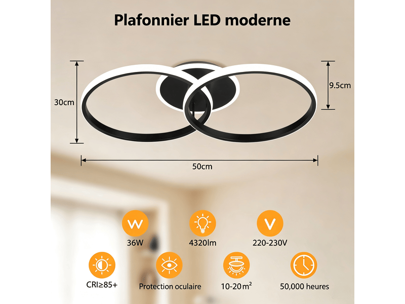  Plafonnier led double anneau 36 w 4320 lm, 50x30 cm, 3 températures, fonction mémoire - noir  - Conforama C
