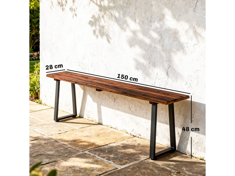  Banc de jardin en bois sans dossier en bois, pieds trapézoïdaux en acier, 2 places à effet bois, 150x28x48cm, carbonisé  - Conforama D
