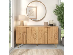 Buffet moderne 140x40x72 cm mdf naturel 4 portes étagères réglables pieds métal doré