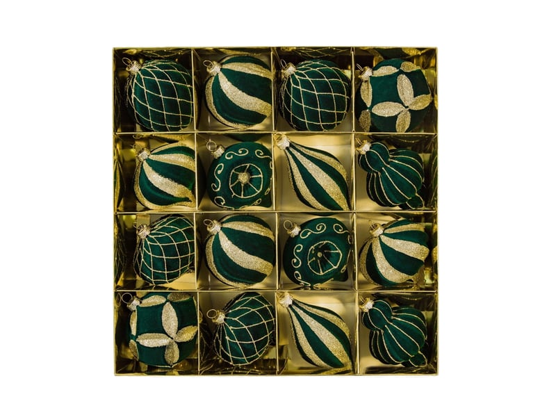  Lot de 16 boules de noël velours vert foncé, 8cm – paillettes dorées, décoration pour sapin et fêtes  - Conforama A