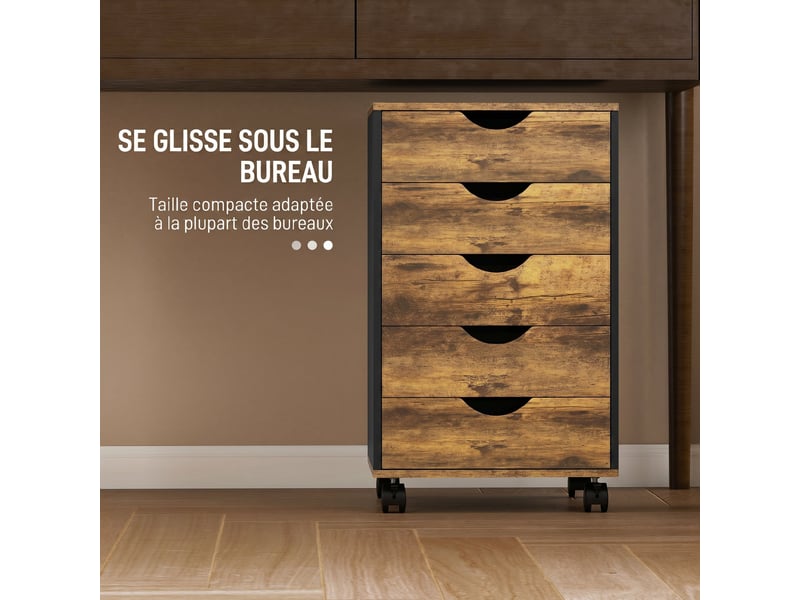  Caisson bureau mobile, meuble rangement sur roulettes avec 5 tiroirs, bois, marron, 40 x 40 x 67 cm  - Conforama R