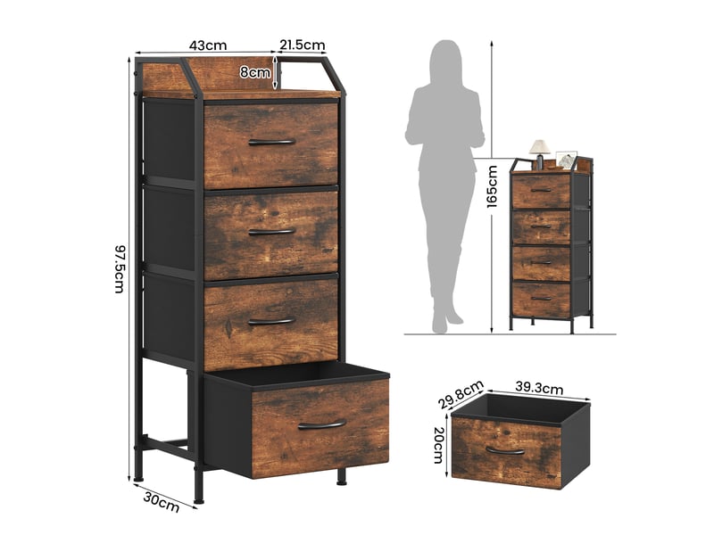  Chiffonnier meuble 43x30x98 cm quatre tiroirs tissu marron rustique et metal noir  - Conforama E