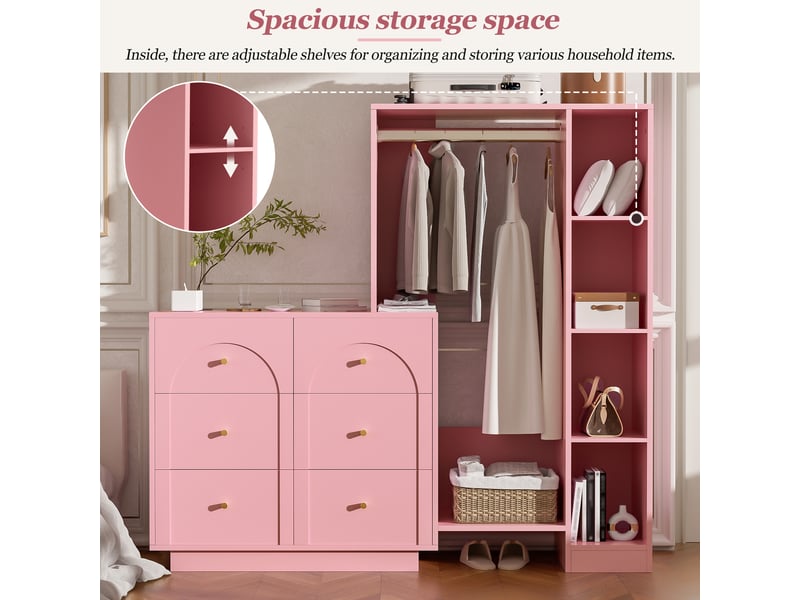 Armoire ouverte avec penderie, 6 tiroirs et étagères latérales pour chambre en panneau de particules 139×35×133 cm  - Conforama E