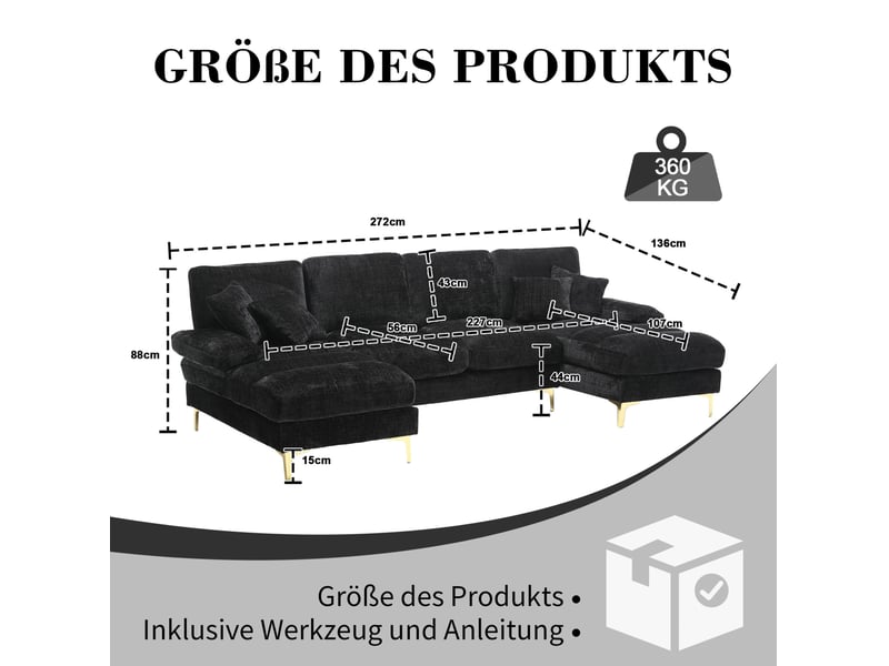 Canapé panoramique en u 4 places avec deux méridiennes et pieds en métal doré, en tissu noir, 272 × 136 × 88 cm - Conforama E
