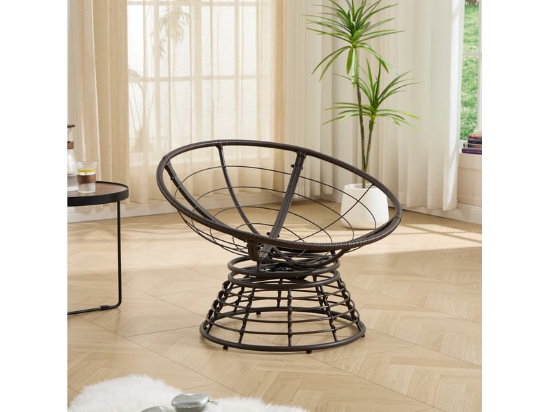  Fauteuil papasan pivotant 360° ø92 x h67 cm – bleu marine et marron – coussin épais, acier et rotin pe  - Conforama E