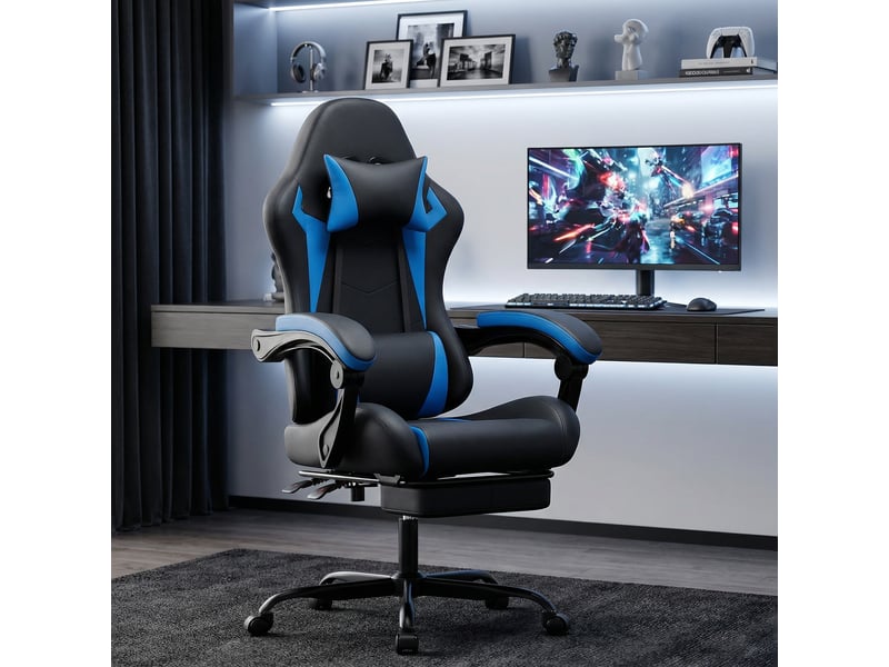  Chaise de bureau gaming ergonomique inclinable 135° avec repose-pieds - lpospi - pvc noir et bleu  - Conforama B