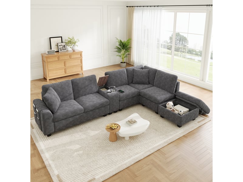 Canapé d'angle modulable 6 places 311x139x85cm, pouf coffre, console amovible, 2 porte-gobelets, usb et usb-c, velours côtelé - gris - Conforama B