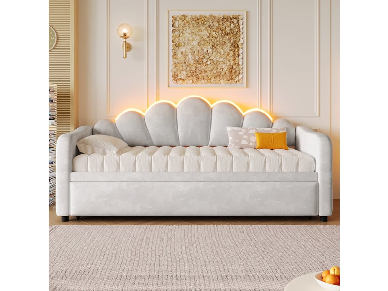 Lit tiroir gigogne 90x200 cm, velours gris, led 7 couleurs, 2 positions, sans matelas - Conforama W