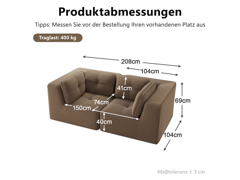  Canapé droit modulable 2 places velours côtelé marron – 208 x 104 x 69 cm Fay Lum - Conforama C