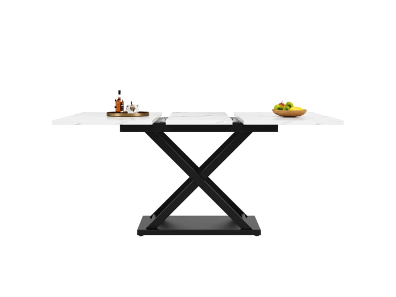  Table à manger extensible 120-160x80 cm, effet marbre blanc, pieds croisés noirs, gain de place, cuisine salon  - Conforama A