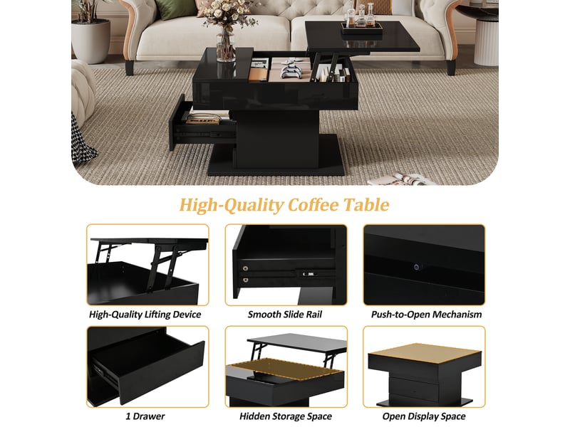  Table basse, à plateau relevable, pivotante à 360°, avec 1 tiroir, 70 x 70 x h 45–59 cm, noir, rangement pratique, structure en panneau de particules Luxe haut de gamme - Conforama D