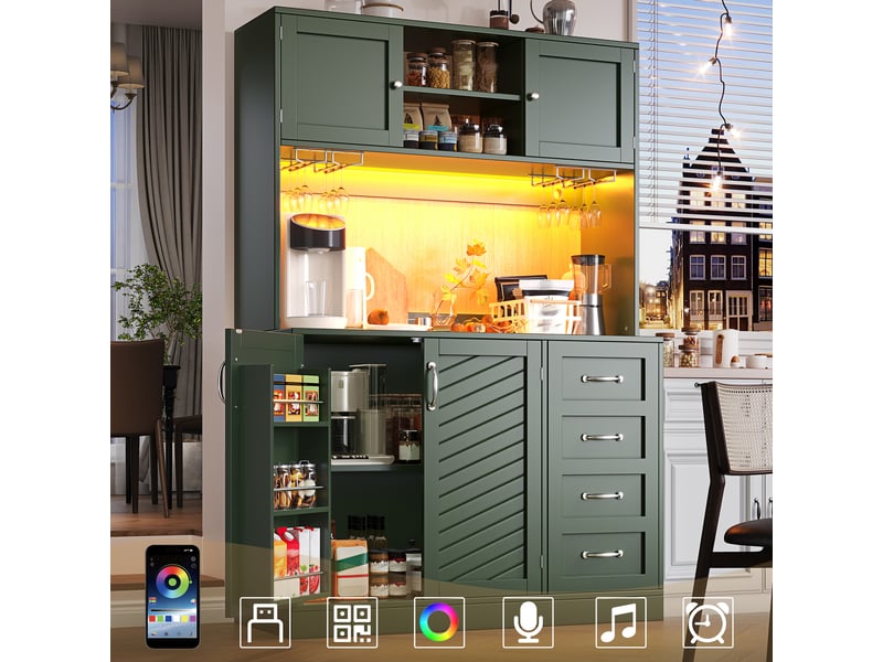  Armoire de cuisine, 120 x 40 x 188 cm, avec 4 portes, avec éclairage led, coloris vert et noir et blanc, solution de rangement fonctionnelle  - Conforama A