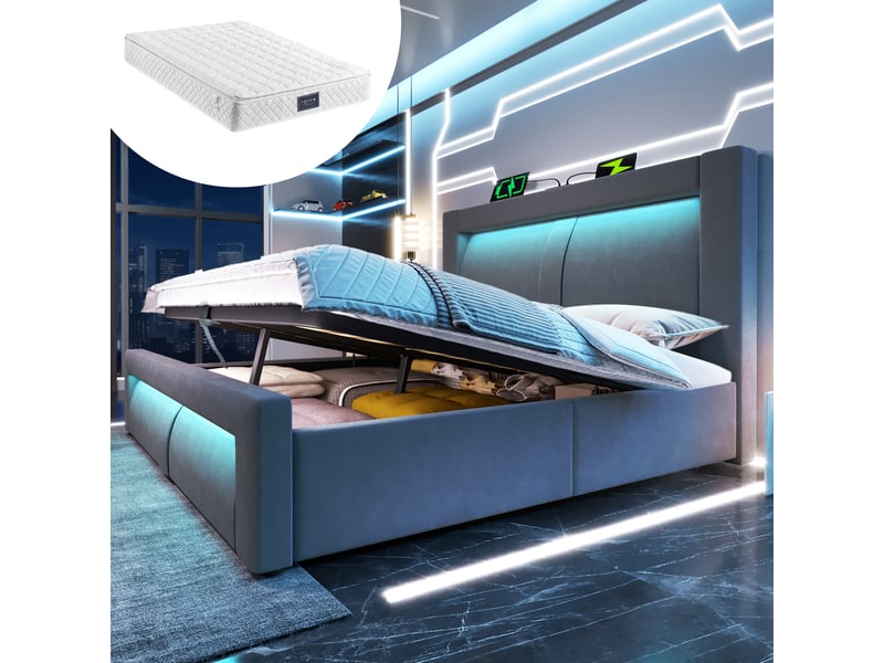  Lit coffre, lit double 160x200 cm, rangement hydraulique, led, usbusb-c, tête de lit incurvée, velours gris, matelas inclus  - Conforama A