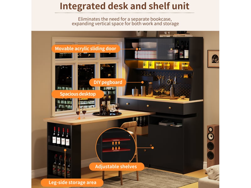  Armoire avec bureau, portes vitrées coulissantes, étagères réglables et led, pour bureau, noir, 137 × 74 × 177,7 cm  - Conforama E