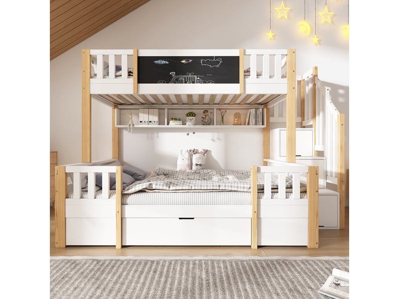 Lit superposé enfant 90x200 cm avec lit bas 140x200 cm, échelle rangement, tiroirs, lit bois avec barrière de sécurité - blanc (sans matelas) - Conforama C