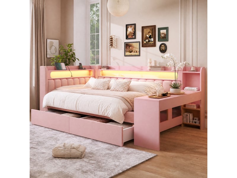 Lit combiné 140x200 cm rose avec bureau, led 7 couleurs, usb et 2 tiroirs - Conforama B
