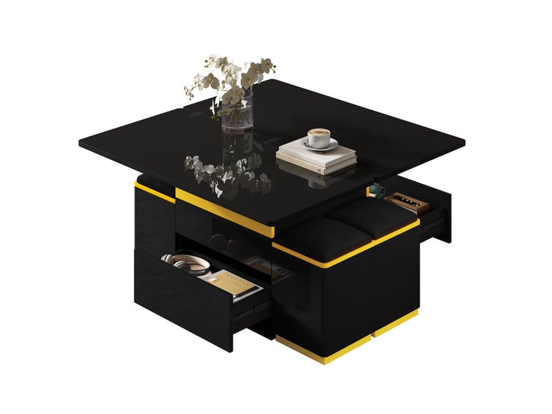  Table basse relevable pliable 100x50x43 cm avec 4 tabourets en mdf et panneaux de particules noire  - Conforama A