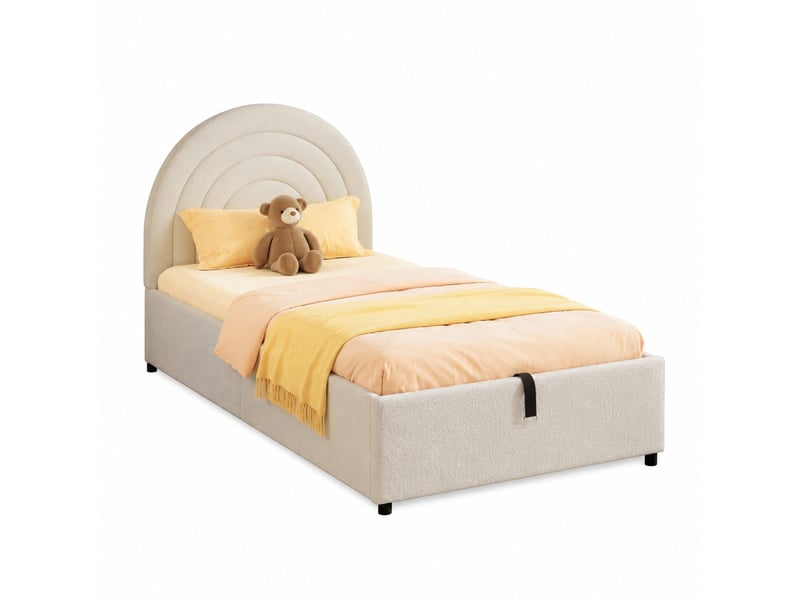  Lit coffre simple 200×90 cm avec rangement hydraulique et tête de lit rembourrée, sans matelas, en bouclé beige  - Conforama A