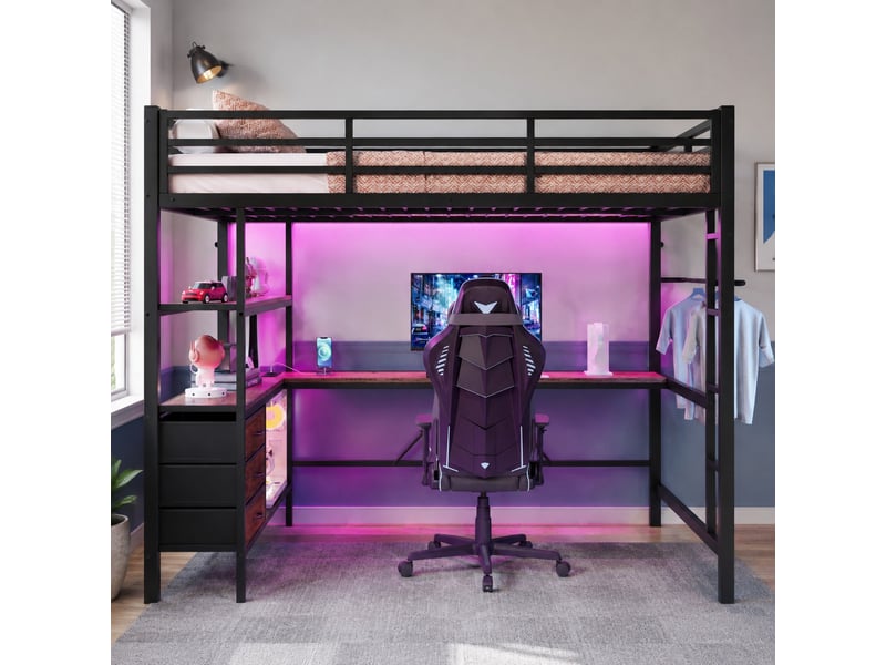  Lit mezzanine 140 x 200 cm noir avec bureau, éclairage led, prise et port usb, rangements  - Conforama B