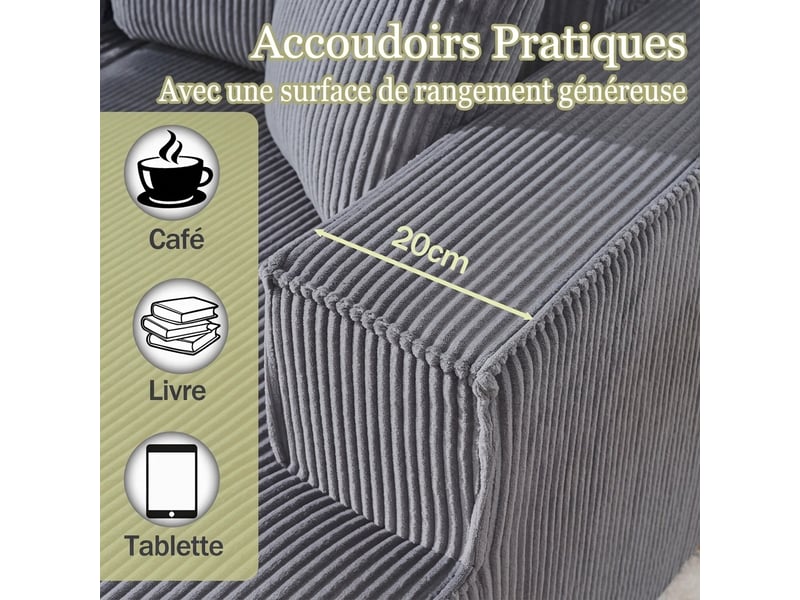  Canapé d'angle en l modulaire compressé 235x128x60 cm - velours côtelé gris et méridienne  - Conforama R
