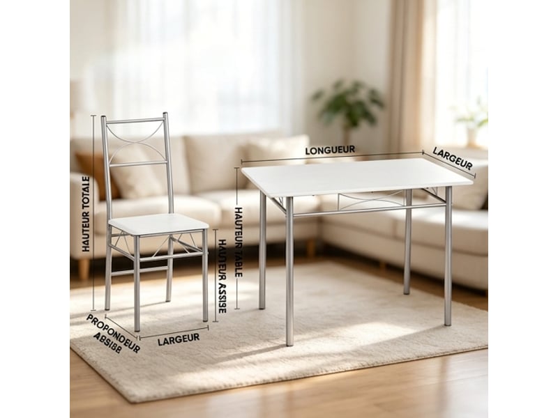  Ensemble table et 4 chaises moderne 110x70x76 cm, mdf et métal blanc et argent  - Conforama C