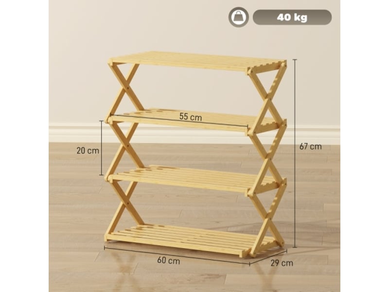  Étagère à chaussures 4 niveaux en bambou, 12 paires, entrée et couloir, 60x29x67 cm, naturel  - Conforama C