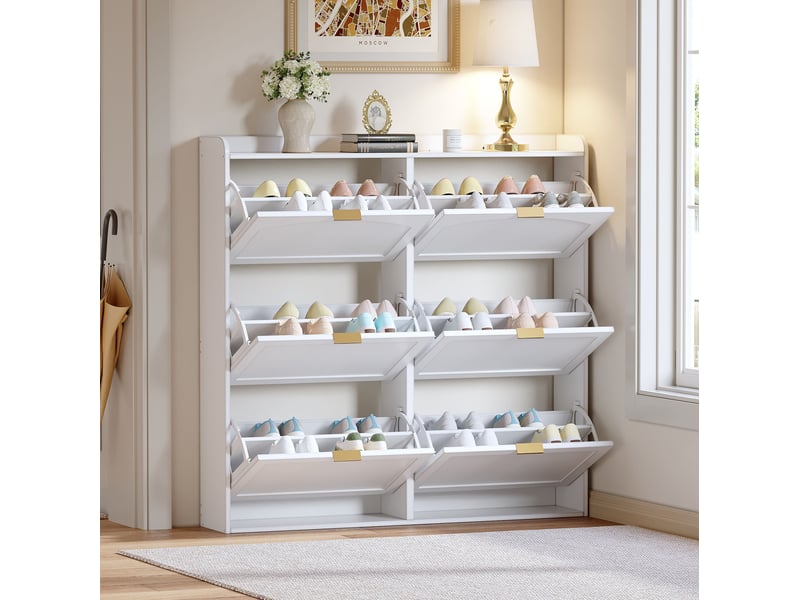 Meuble à chaussures 120 x 23 x 118 cm blanc en mdf et panneau de particules, 6 compartiments basculants  - Conforama B