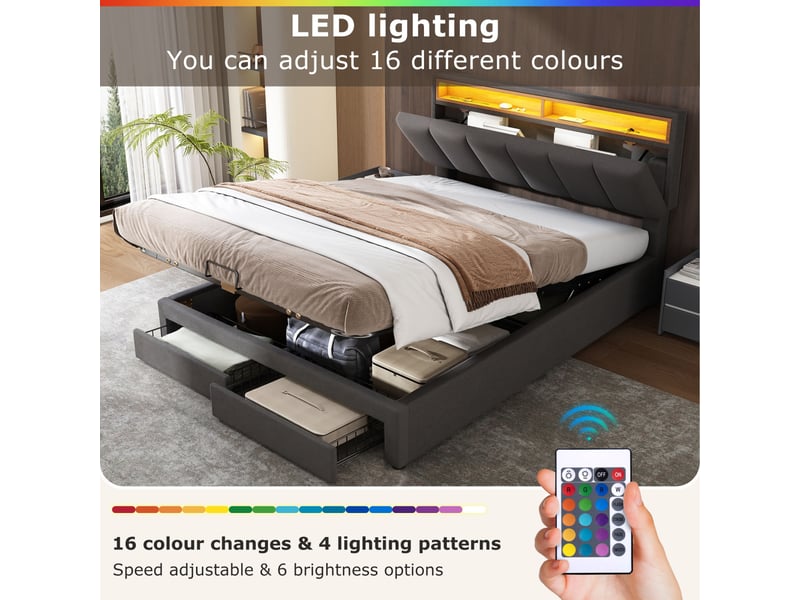 Lit coffre 140 x 190 cm avec led,lit adulte capitonné avec tête de lit rangement, sommier à lattes,hydraulique,gris lin  - Conforama R