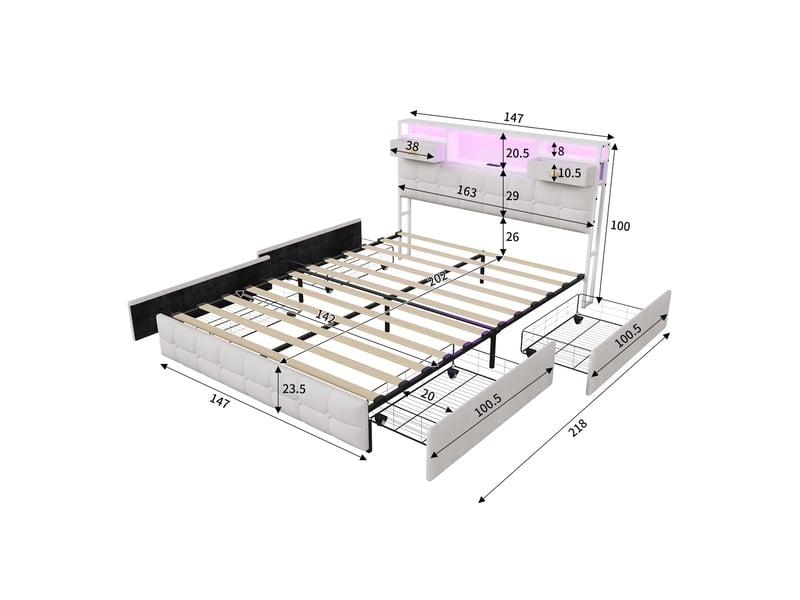  Lit 140x200 avec 4 tiroirs, lit adulte avec led rgb et ports de charge, lit double, tête de lit avec rangement intégré, tissu velours, moderne, beige  - Conforama E