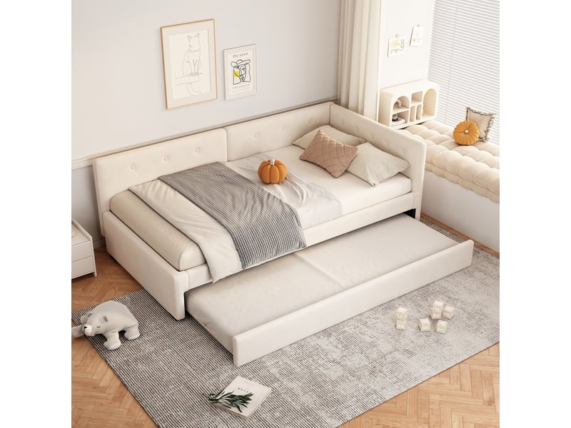  Lit de jour 90x200cm, lit de jour convertible en lit d'appoint, canapé-lit, lit simple (sans matelas), style minimaliste, beige  - Conforama E