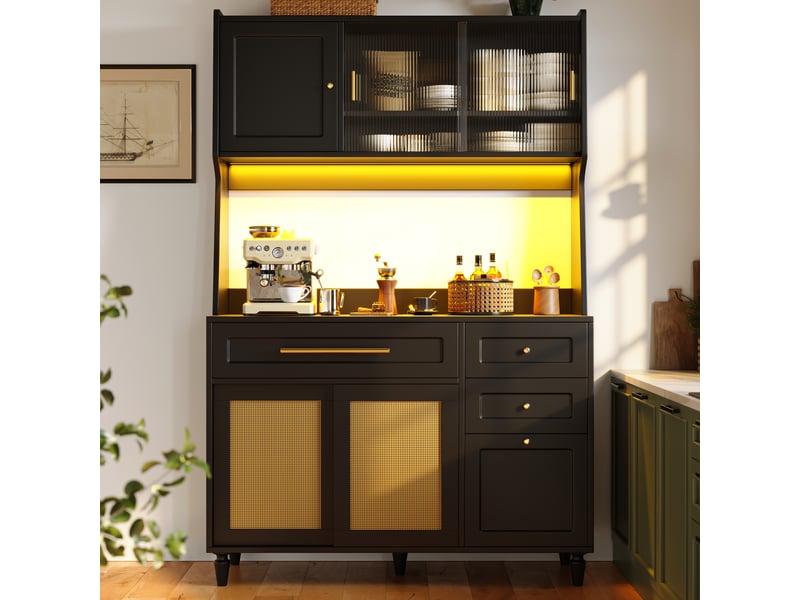  Buffet cuisine 4 portes et 3 tiroirs, 120 x 45 x 195,5 cm, éclairage led, étagères réglables et façades tressées, mdf, noir Morn Vibe - Conforama D