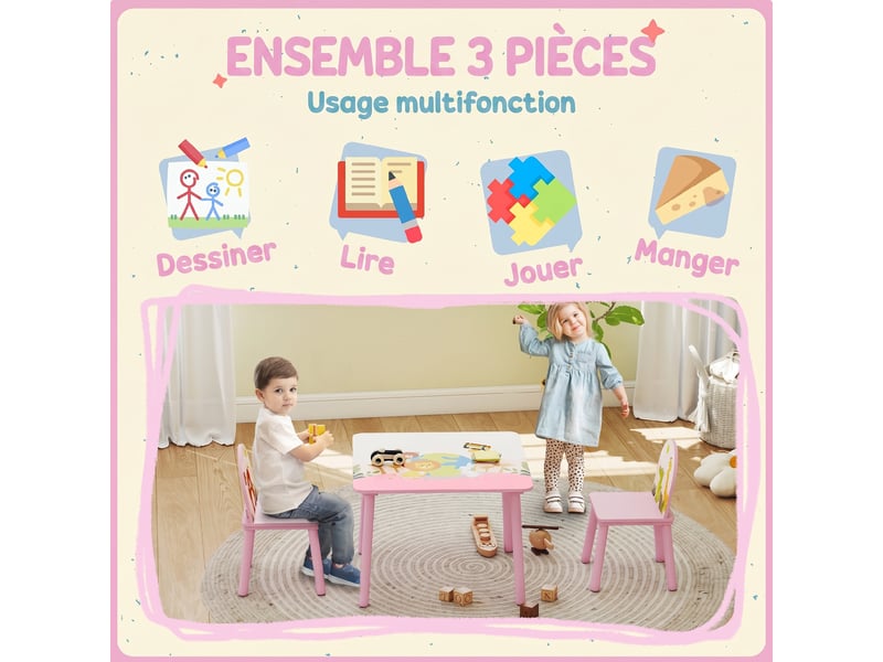  Table enfant avec chaise, ensemble table et 2 chaises en bois pour dessiner, jouer, rose, étudier  - Conforama A