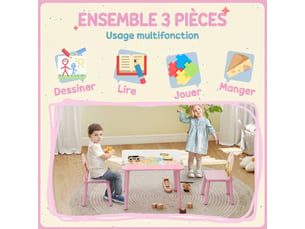 Table enfant avec chaise, ensemble table et 2 chaises en bois pour dessiner, jouer, rose, étudier