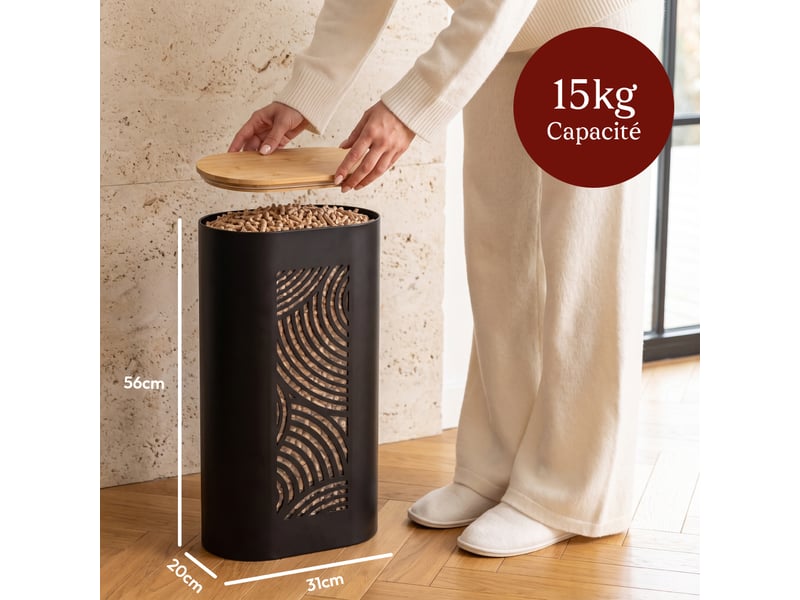  Casabel réservoir pellets &amp; granulés, niveau visible, cap. 15kg, métal noir, couvercle bambou, pour poêle à pellets  - Conforama B