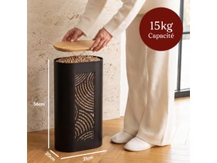 Casabel réservoir pellets & granulés, niveau visible, cap. 15kg, métal noir, couvercle bambou, pour poêle à pellets