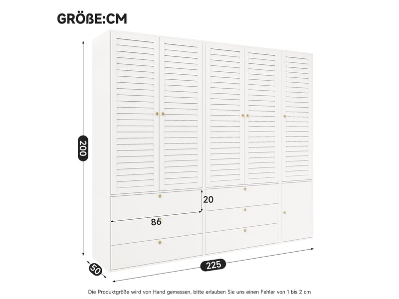  Armoire penderie 5 portes 225x50x200 cm en panneaux de particules avec portes à lamelles, 3 tringles et 6 tiroirs, dressing rangement - blanc  - Conforama C