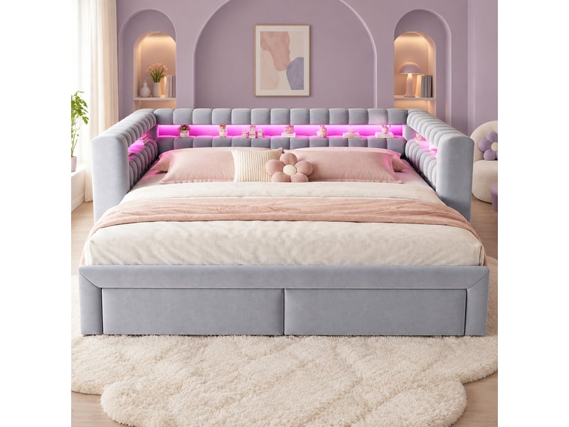  Lit extensible 90x190 cm à 180x190 cm en velours gris clair avec 2 tiroirs  - Conforama E