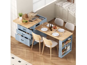 Îlot de cuisine sur roulettes et table extensible, avec éclairage led, prises usb et type-c, bleu, mdf