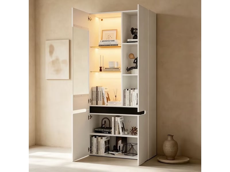  Vitrine led blanche en mdf 80 × 35 × 180 cm, 4 portes à fermeture douce et étagères en verre réglables  - Conforama B
