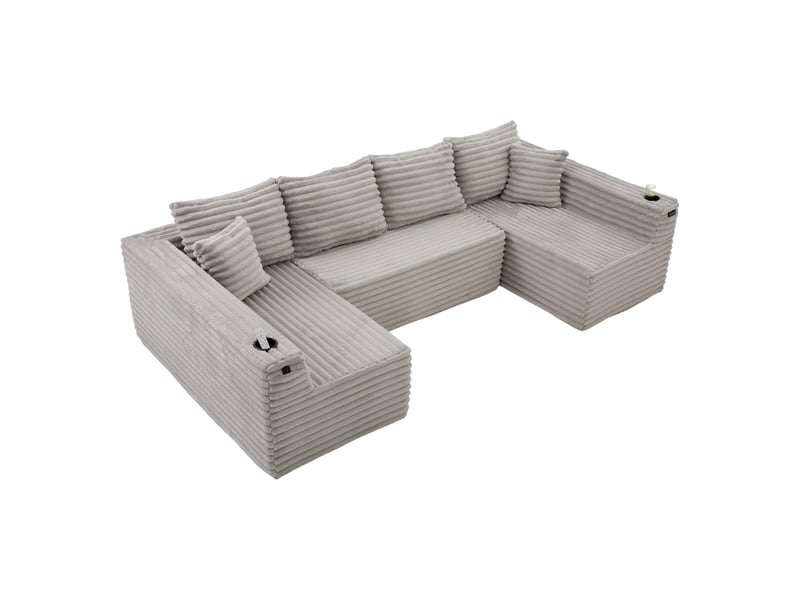  Canapé modulable en u en velours côtelé, 4 coussins de dossier et porte-gobelets, assise profonde pour le salon  - Conforama A