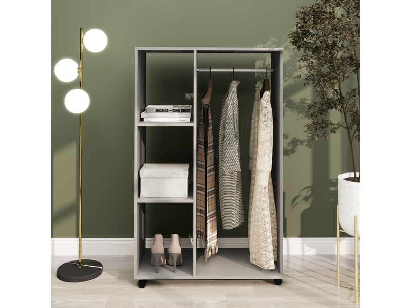  Armoire penderie meuble de rangement mobile 4 roulettes avec tringle à vêtements et étagères ouvertes, gris  - Conforama C