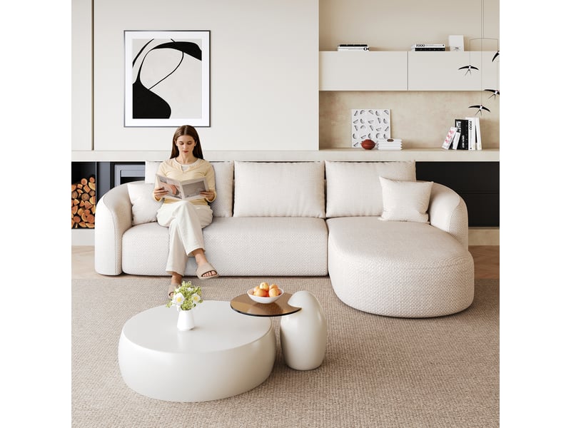 Canapé d’angle droit en l 4 places 266x168x85 cm, modulable sans structure en mousse compressée, sans montage, salon chambre, chenille, blanc Sol Morn - Conforama E