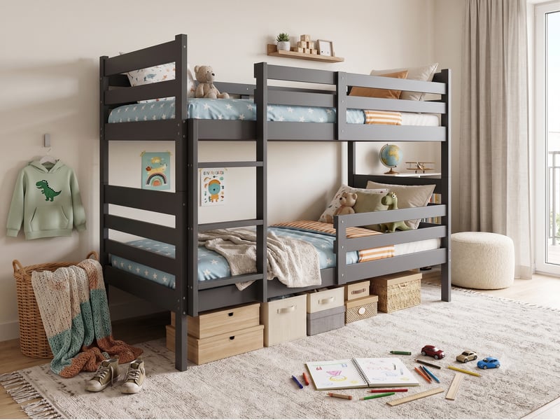  Lit superposé séparable 90x190 cm eric interbeds - bois massif de pin avec barrière et sommier - gris  - Conforama D