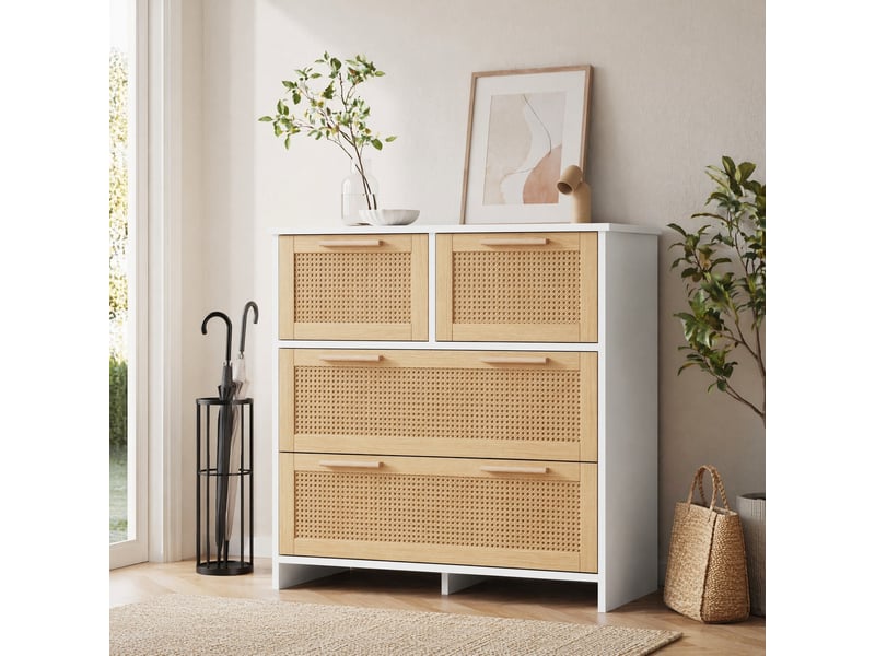  Commode 4 tiroirs effet rotin – mdf et poignées en bois – naturel et blanc – 80 x 80 x 38 cm  - Conforama B
