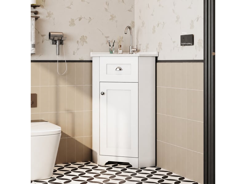  Meuble vasque blanc compact pour petite salle de bains avec vasque en céramique  - Conforama D