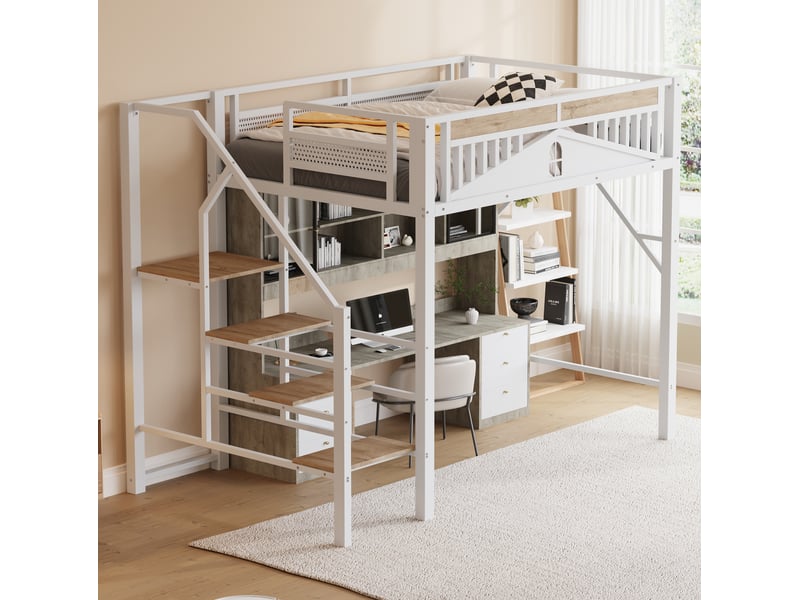  Lit mezzanine 140x200 cm avec échelle de sécurité et espace de rangement, blanc  - Conforama D